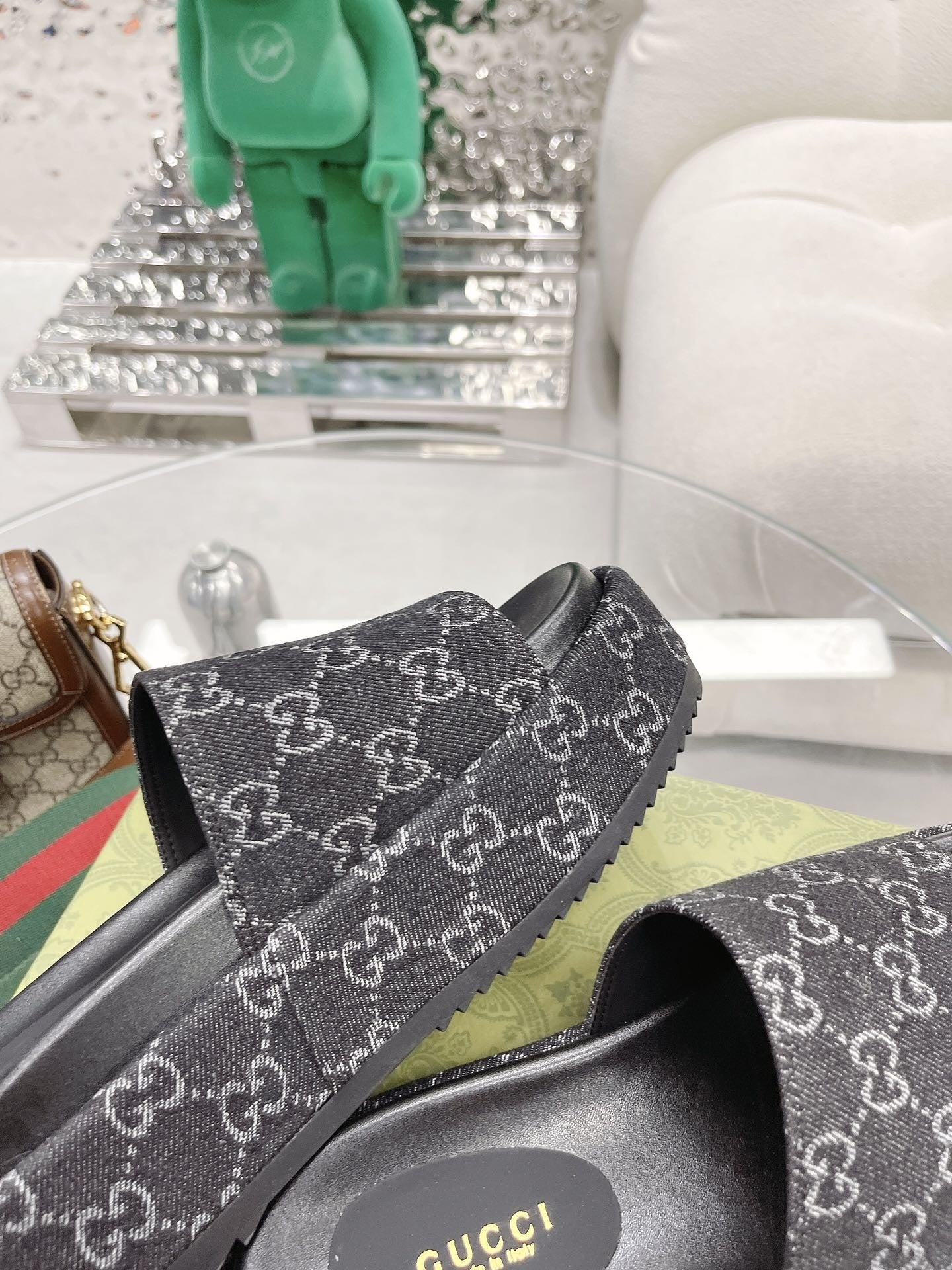 Gucci Green Canvas & Leather Double G Slides