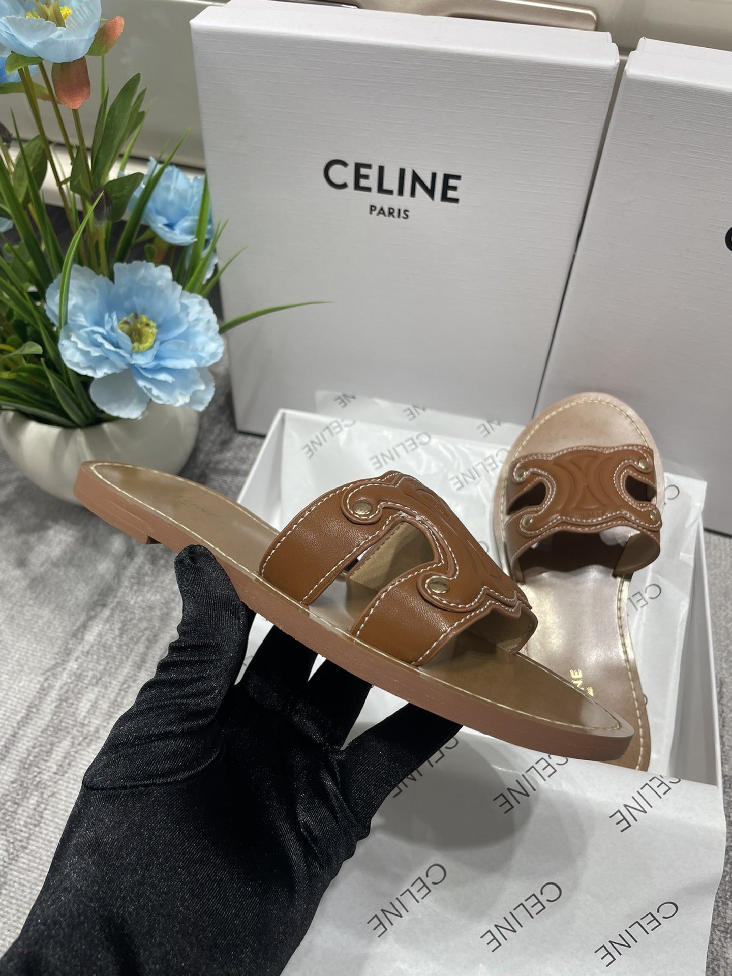 Celine Denim & Leather Tassel Slides