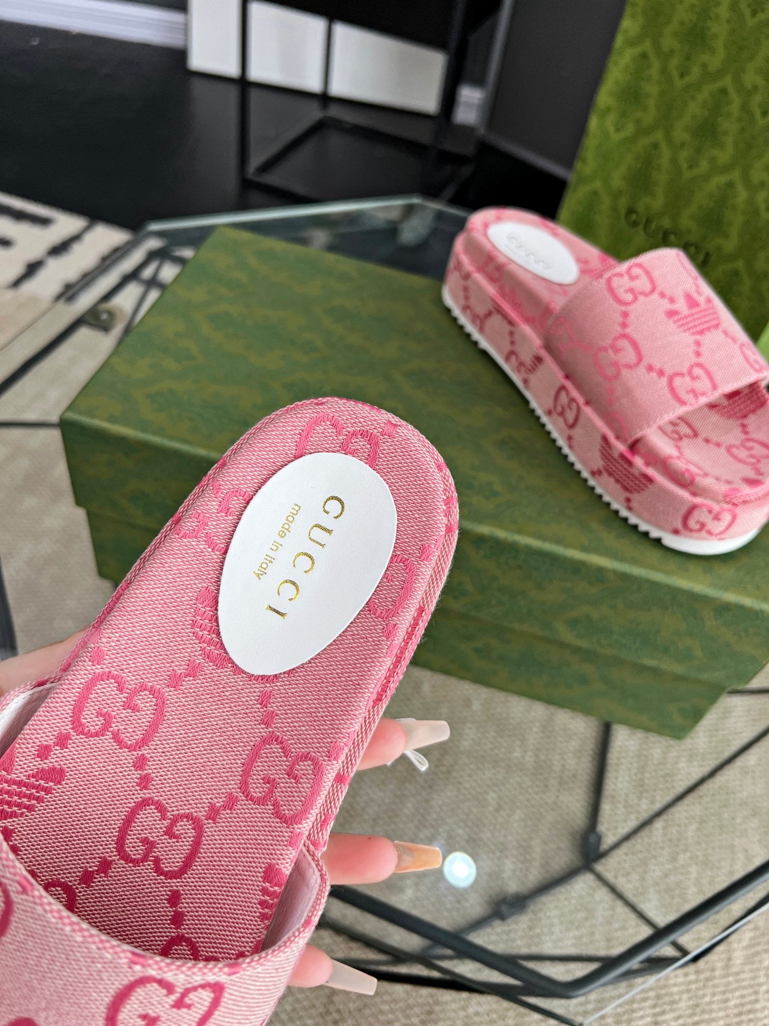 Gucci Green Canvas & Leather Double G Slides