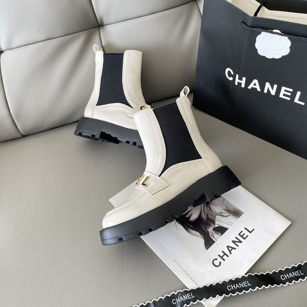Chanel Lambskin Leather Logo Boots