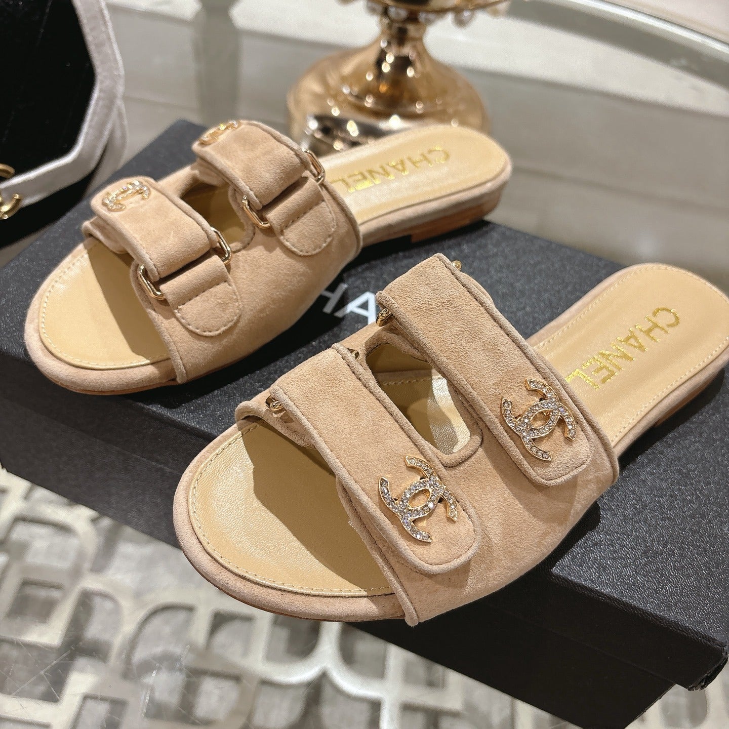 Chanel Lambskin Leather Crystal Slides