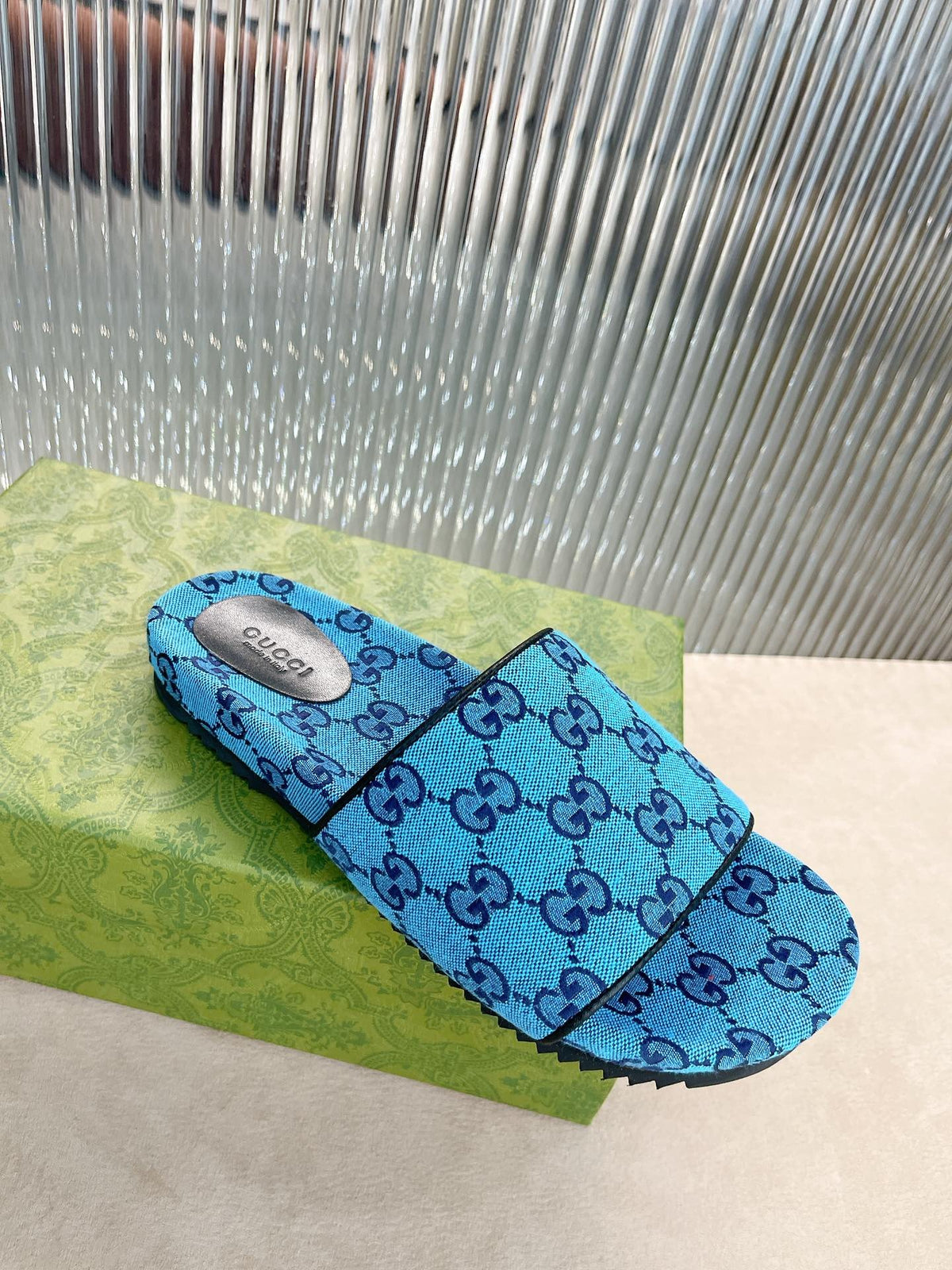 Gucci Green Canvas & Leather Double G Slides