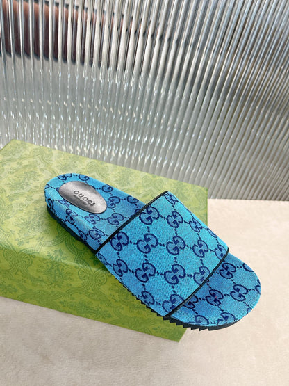 Gucci Green Canvas & Leather Double G Slides