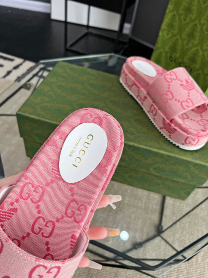 Gucci Green Canvas & Leather Double G Slides