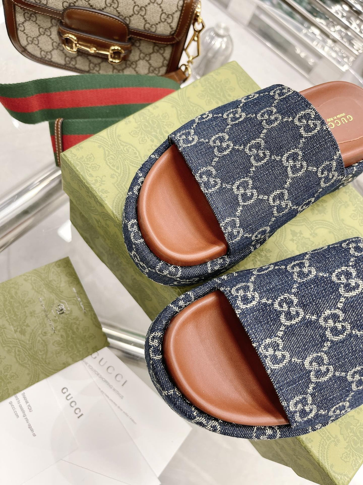 Gucci Green Canvas & Leather Double G Slides