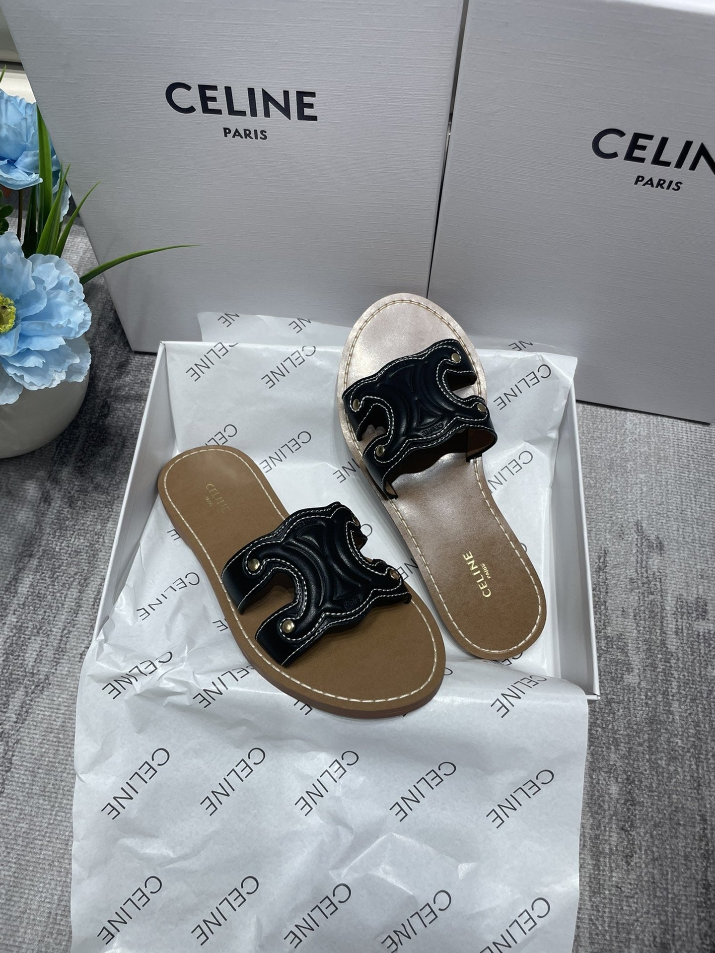 Celine Denim & Leather Tassel Slides