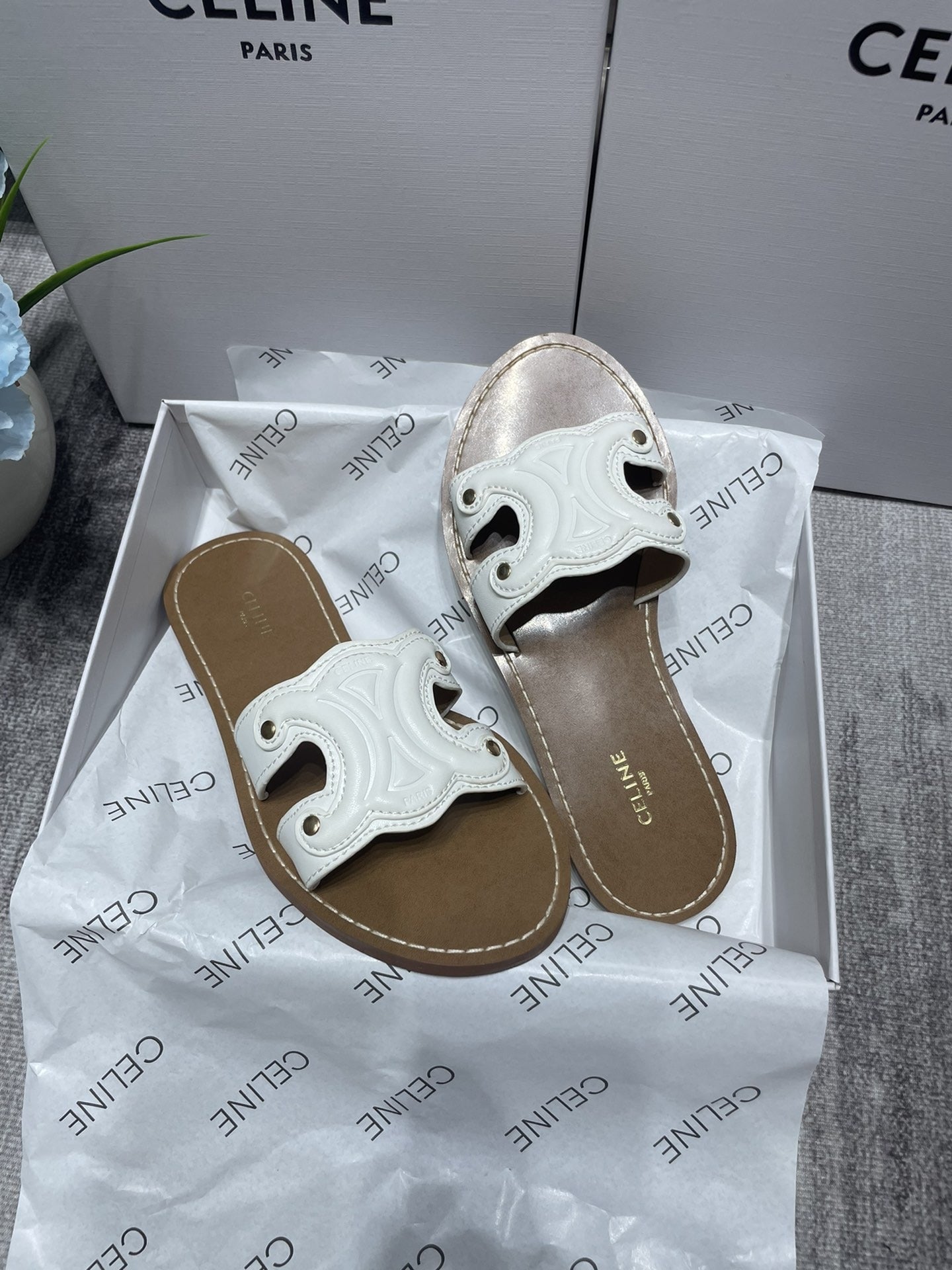 Celine Denim & Leather Tassel Slides