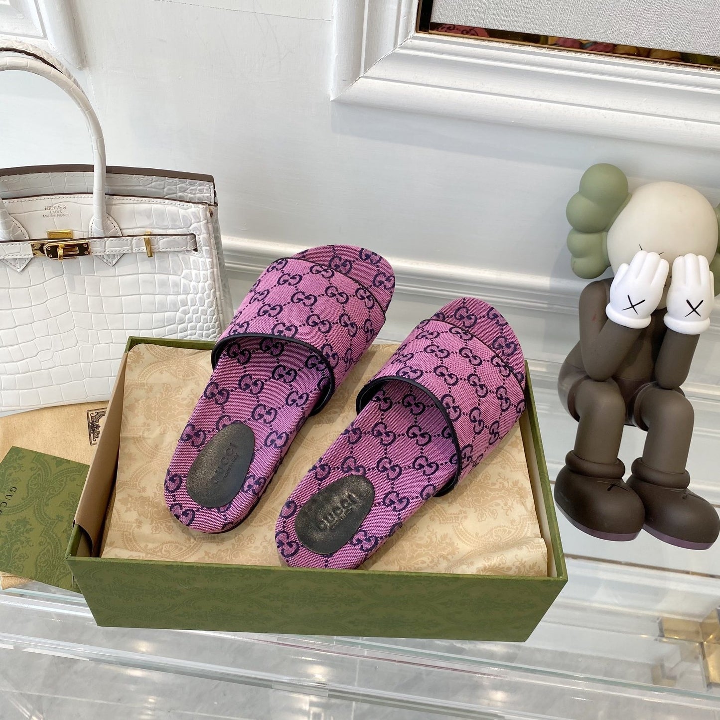 Gucci Green Canvas & Leather Double G Slides