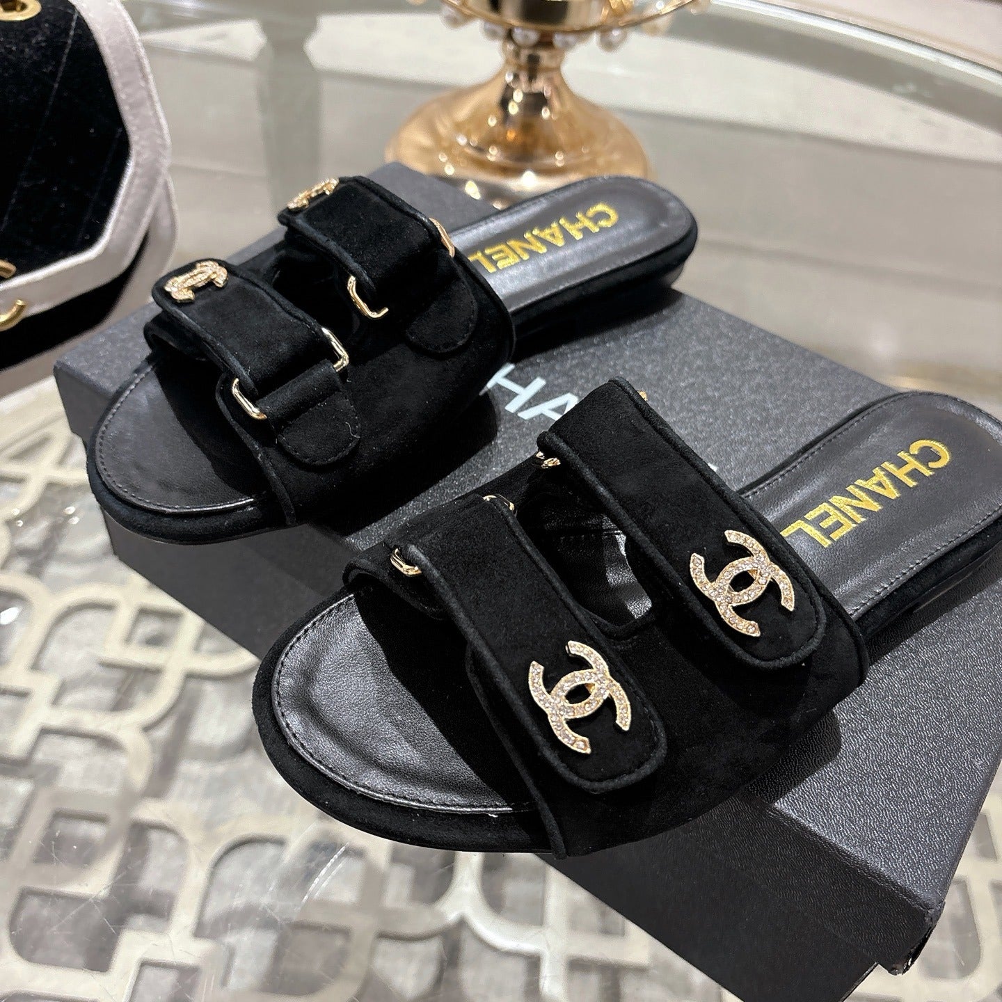 Chanel Lambskin Leather Crystal Slides