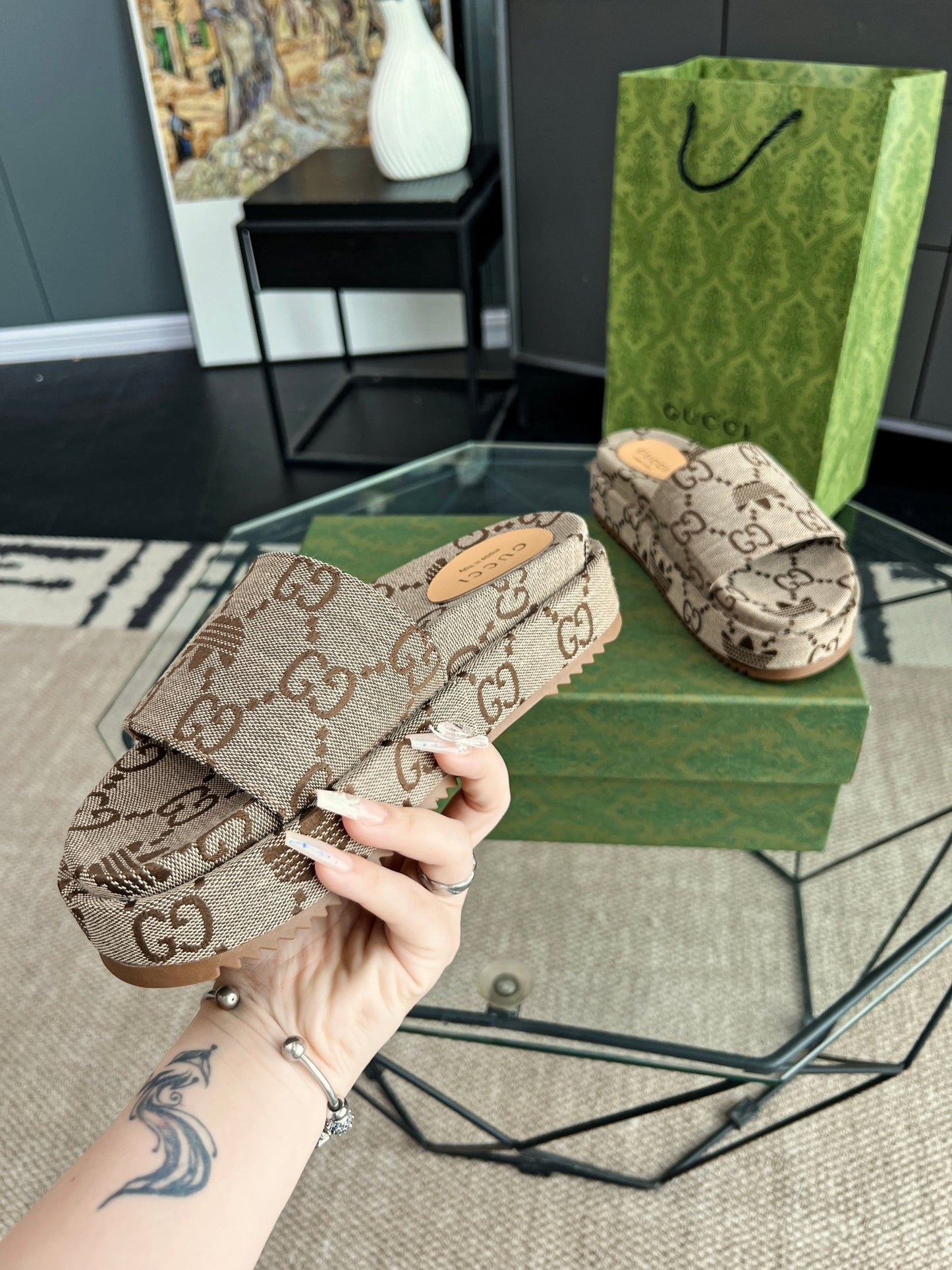 Gucci Green Canvas & Leather Double G Slides