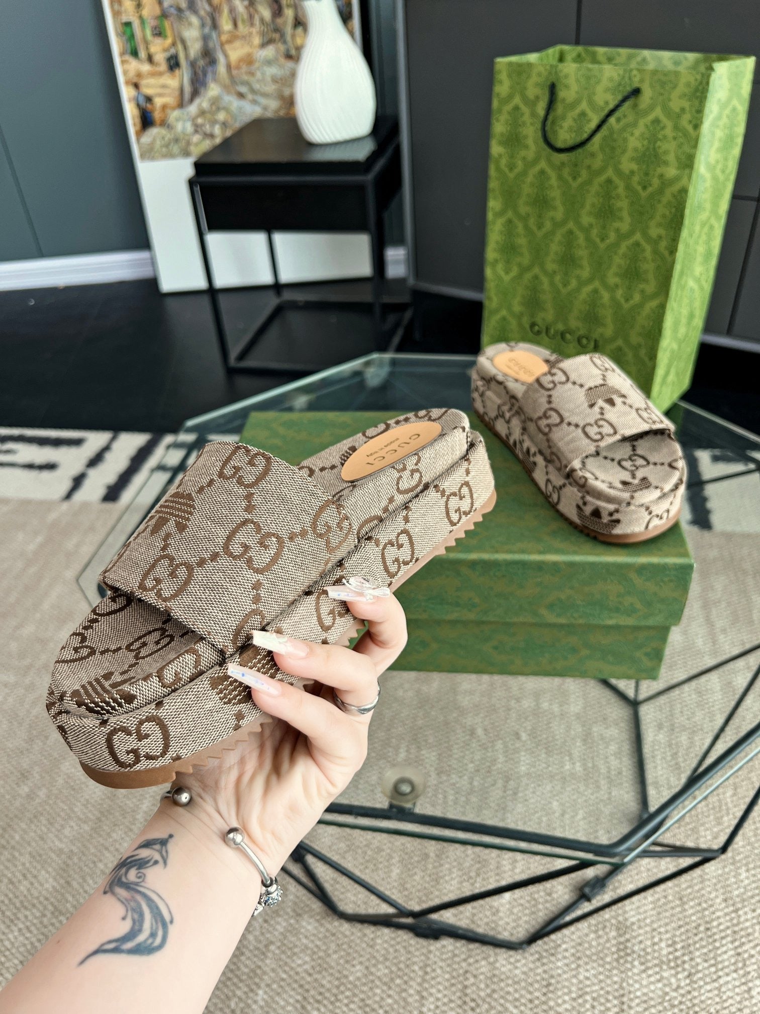 Gucci Green Canvas & Leather Double G Slides