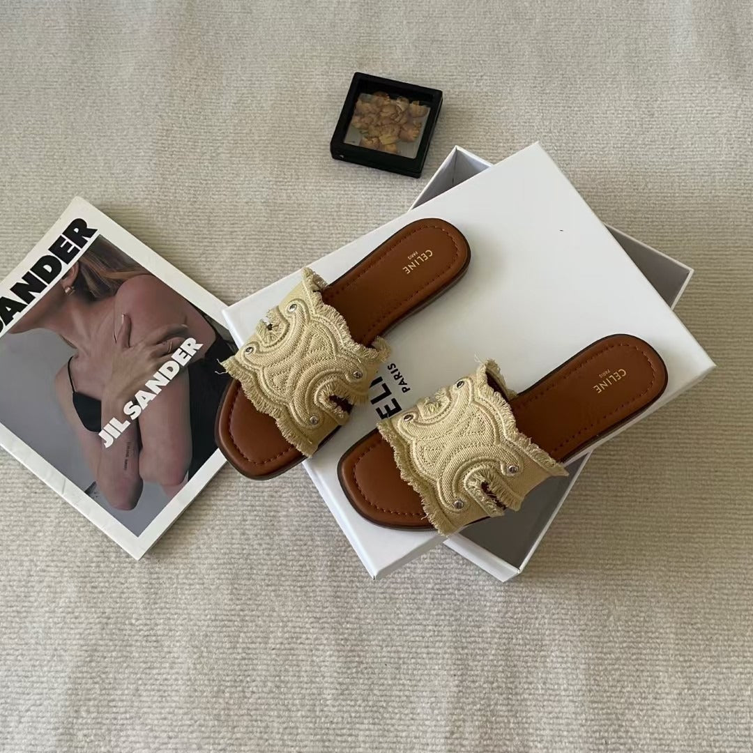 Celine Denim & Leather Tassel Slides