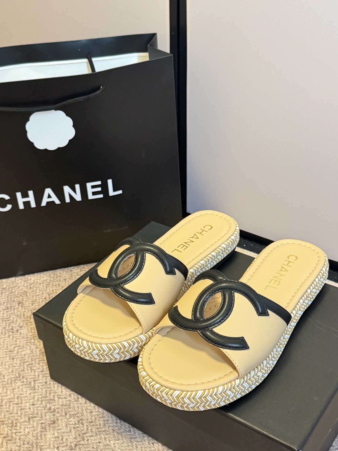 Chanel Lambskin Leather Logo Slides