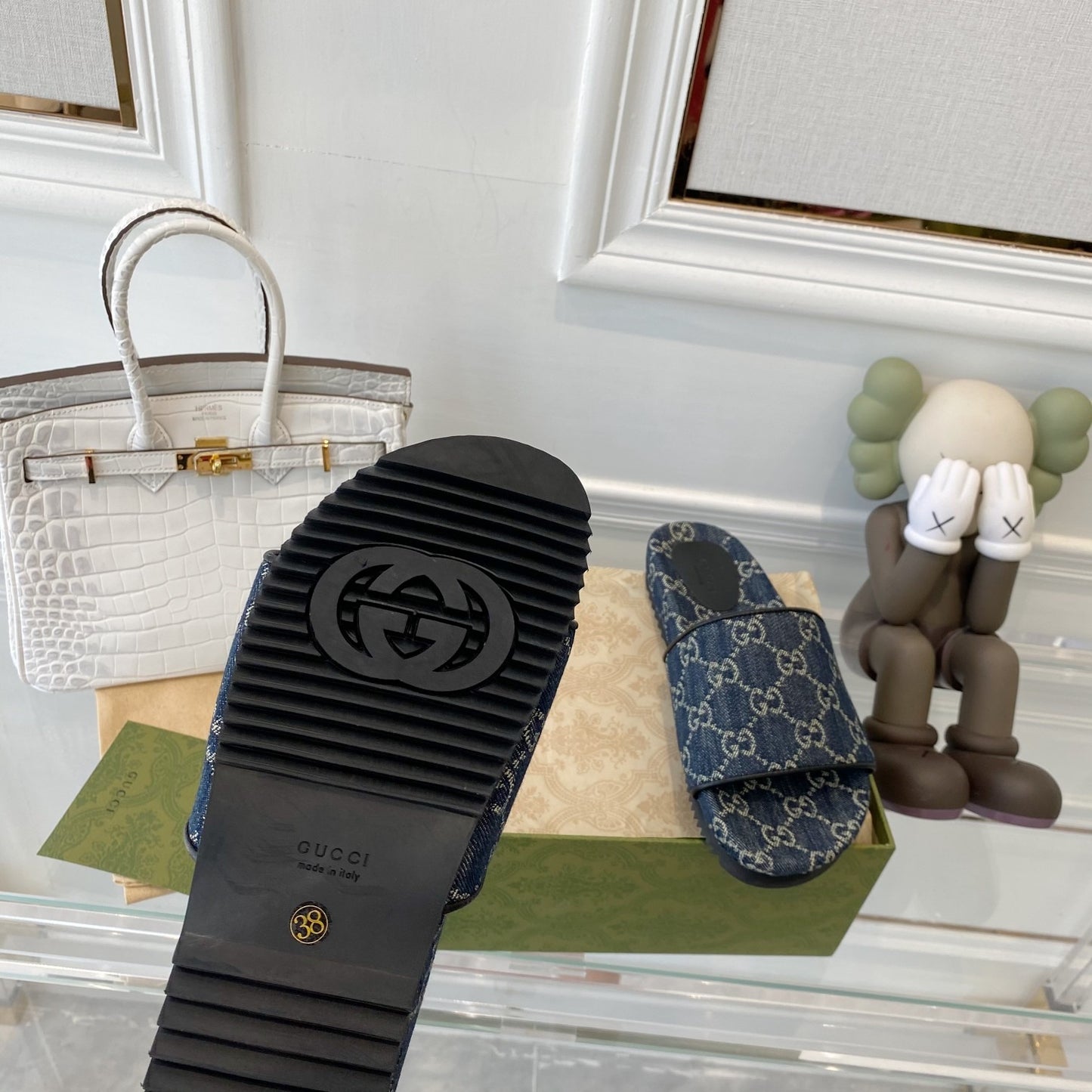 Gucci Green Canvas & Leather Double G Slides