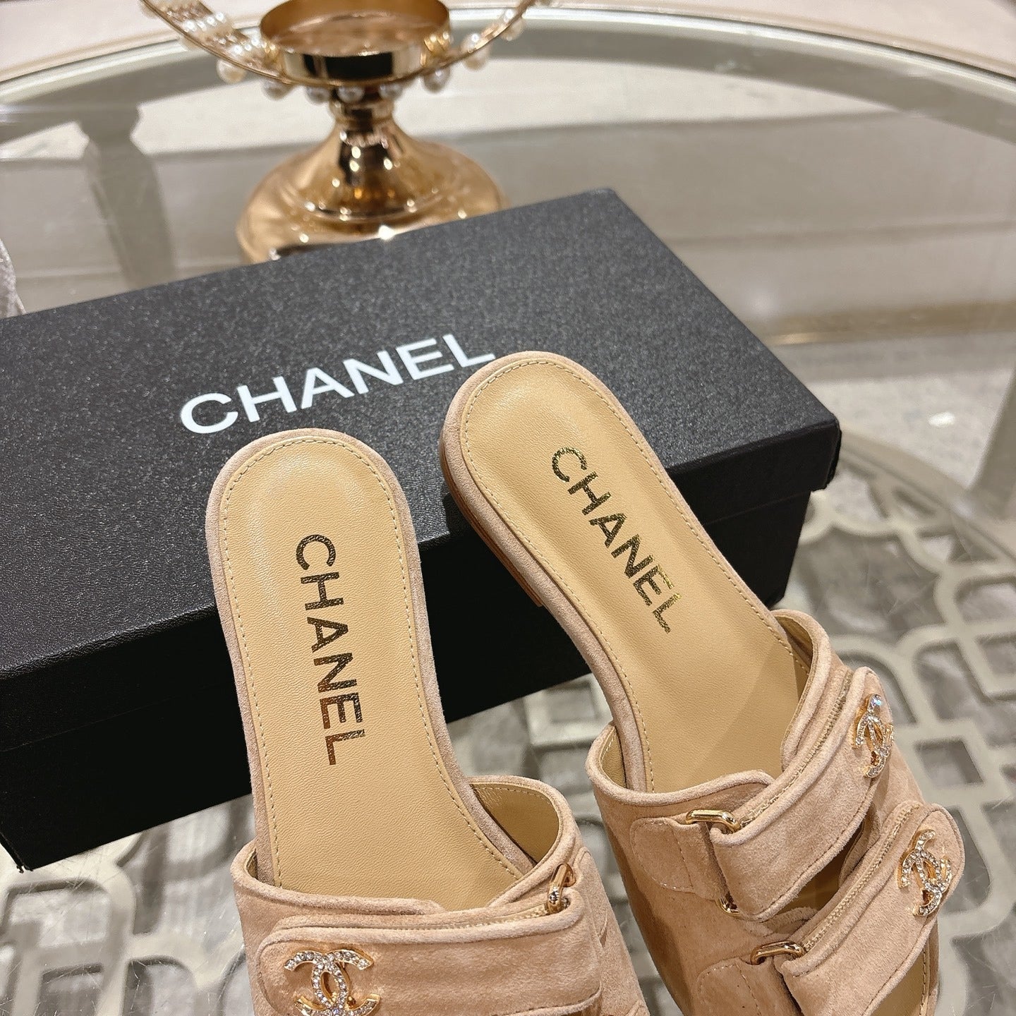 Chanel Lambskin Leather Crystal Slides