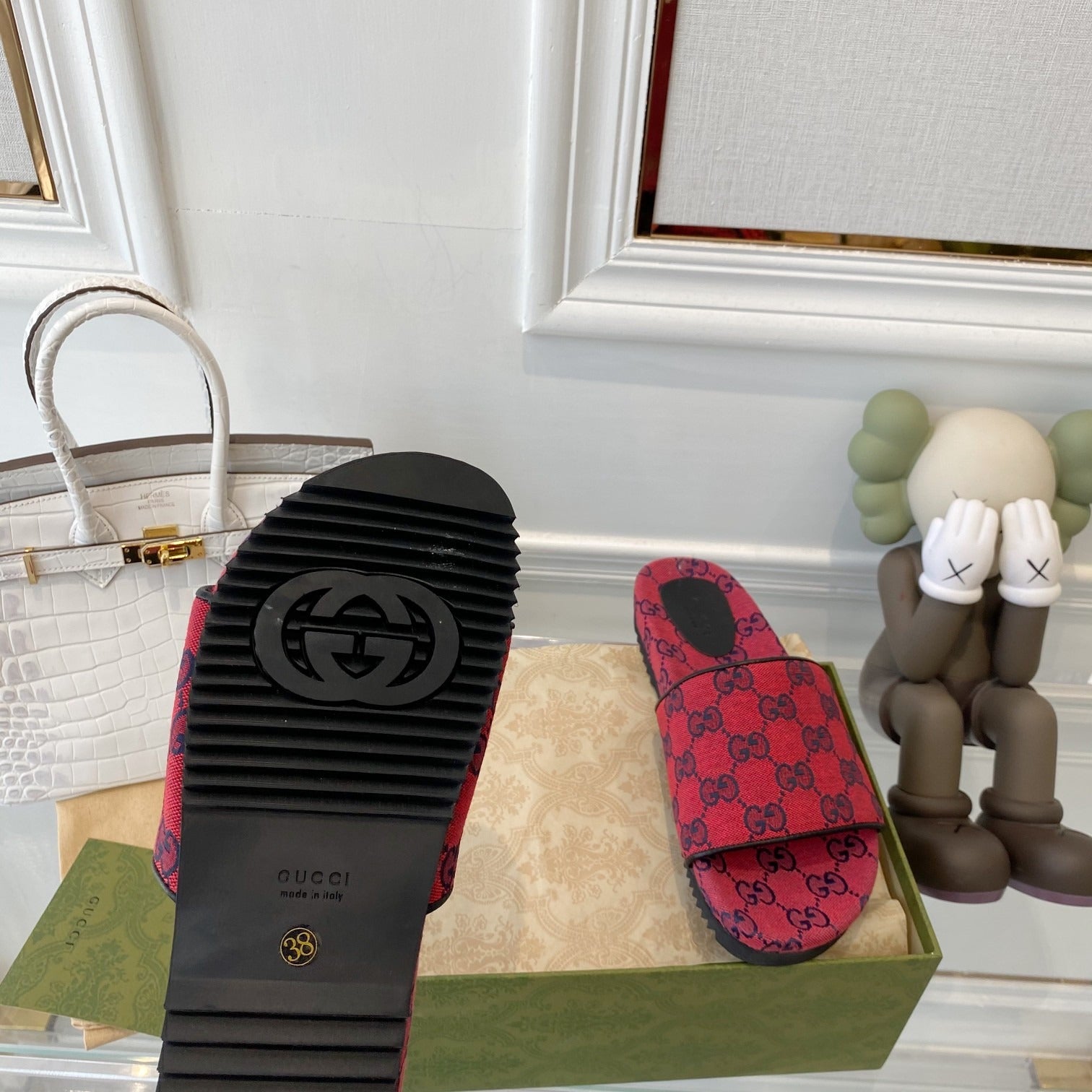 Gucci Green Canvas & Leather Double G Slides