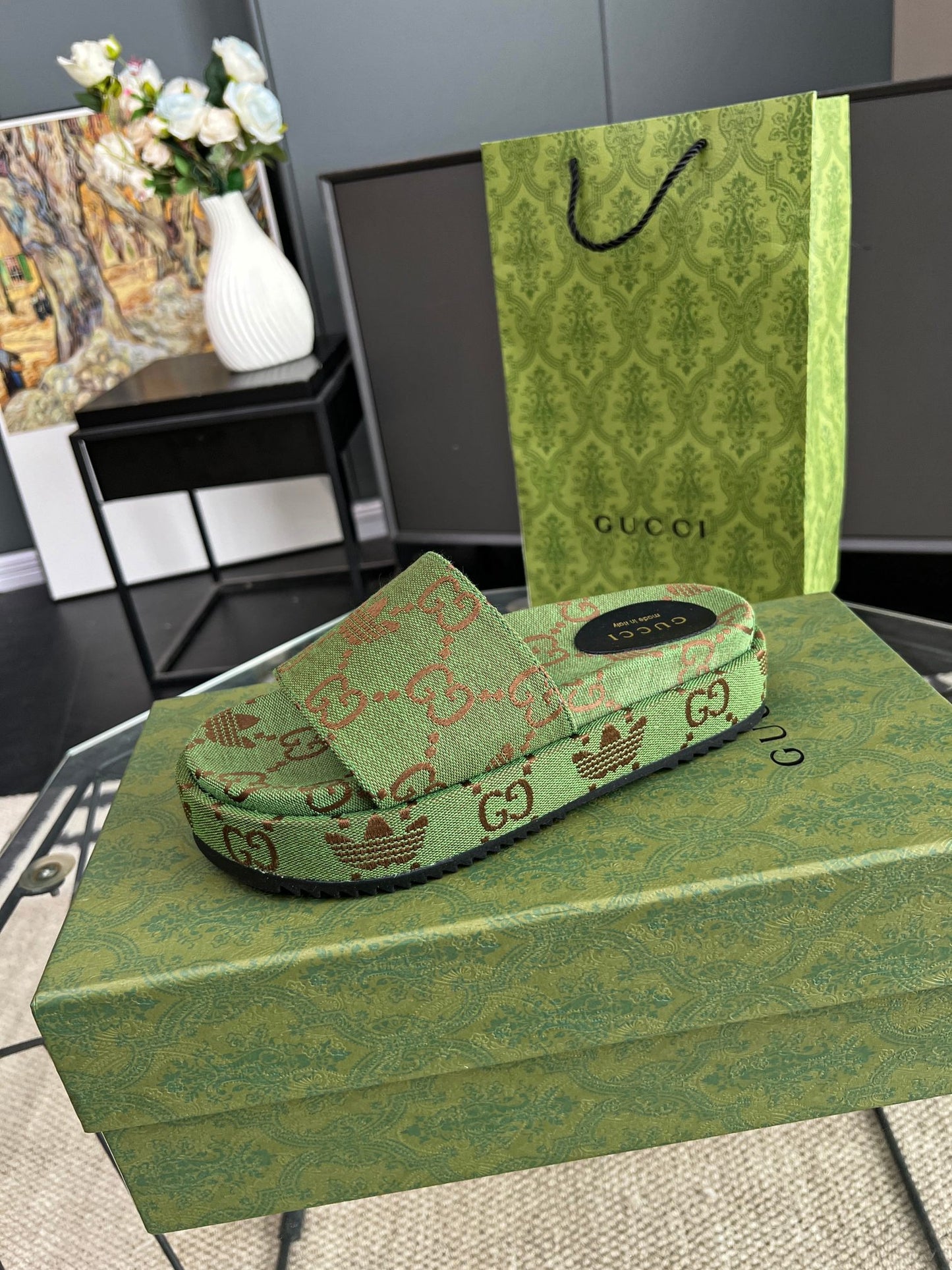 Gucci Green Canvas & Leather Double G Slides