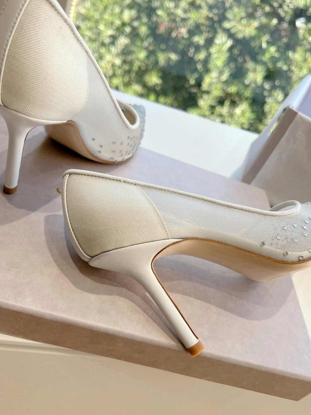 Jimmy Choo Lambskin Leather Crystal Heels