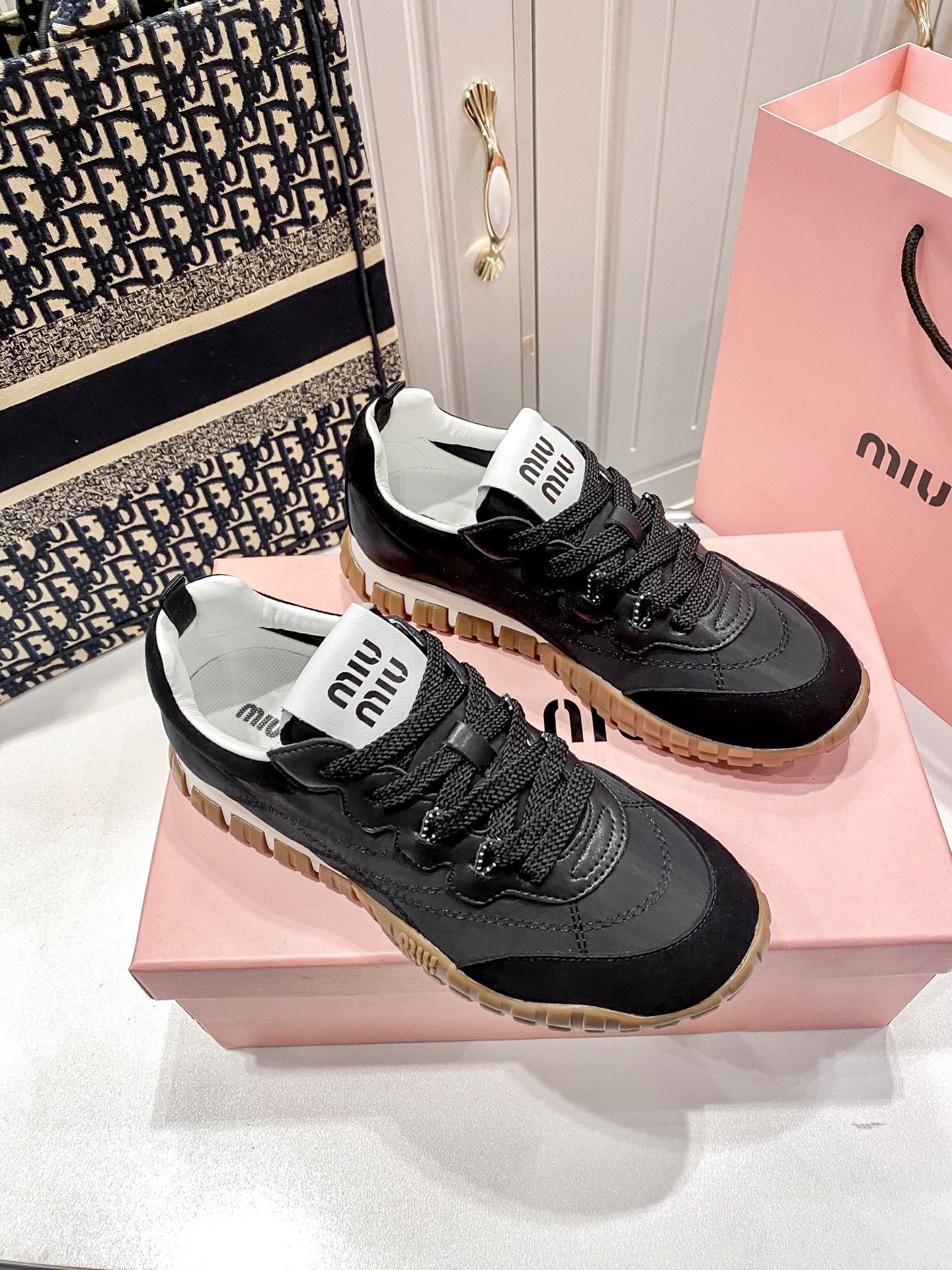 Miu Miu Black Canvas & Leather Vintage-Finish Sneakers