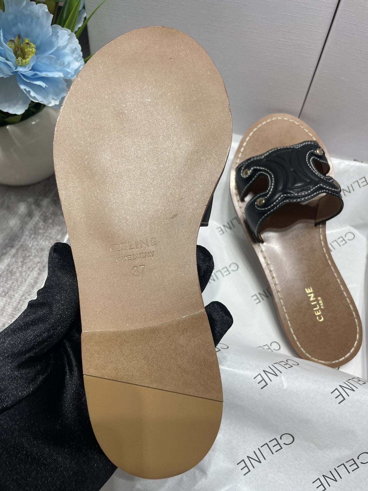 Celine Denim & Leather Tassel Slides