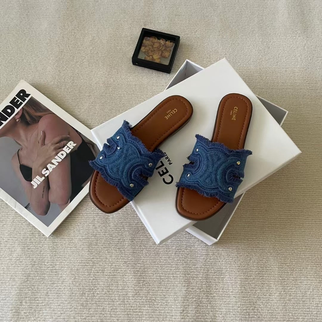 Celine Denim & Leather Tassel Slides