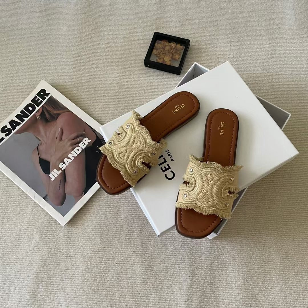 Celine Denim & Leather Tassel Slides