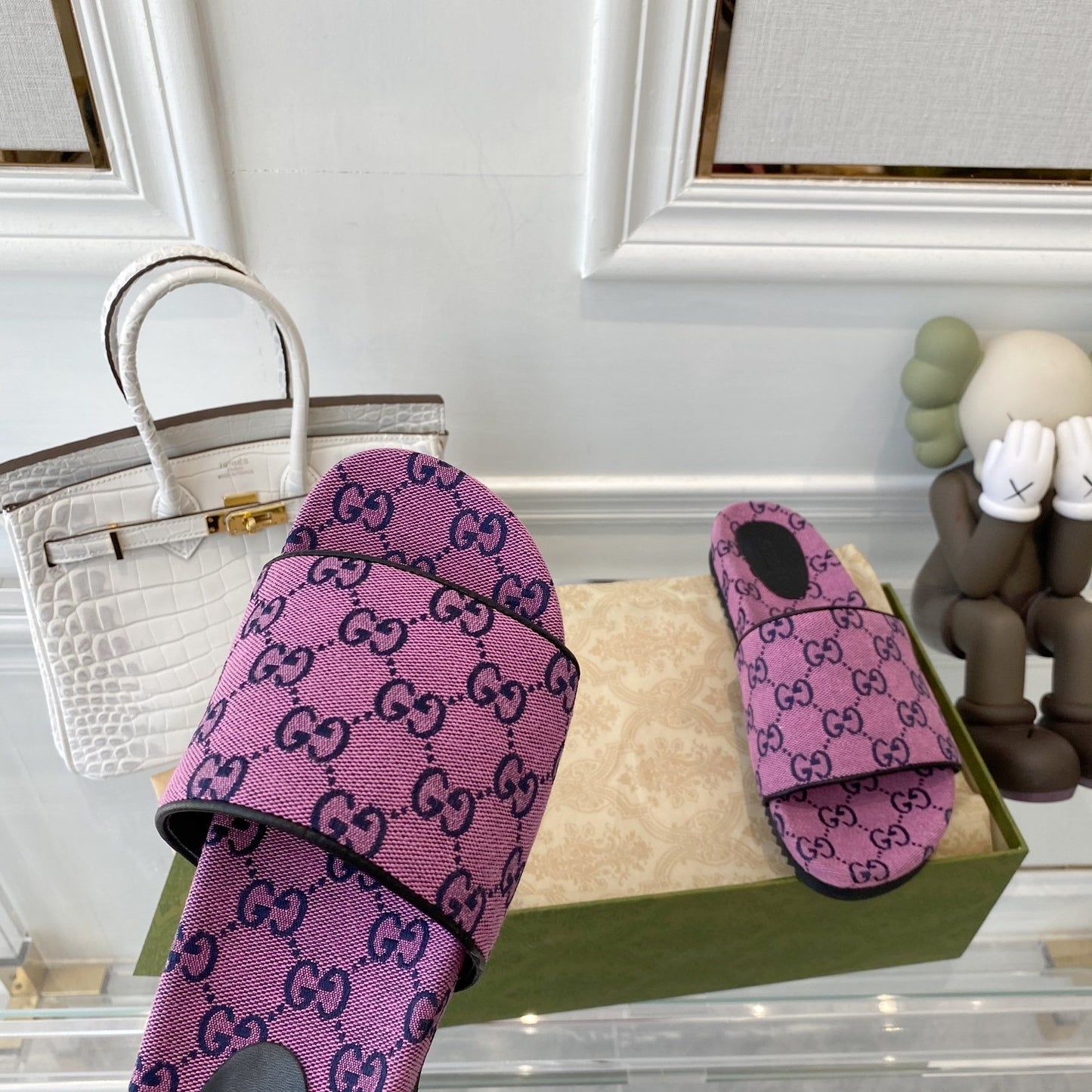 Gucci Green Canvas & Leather Double G Slides