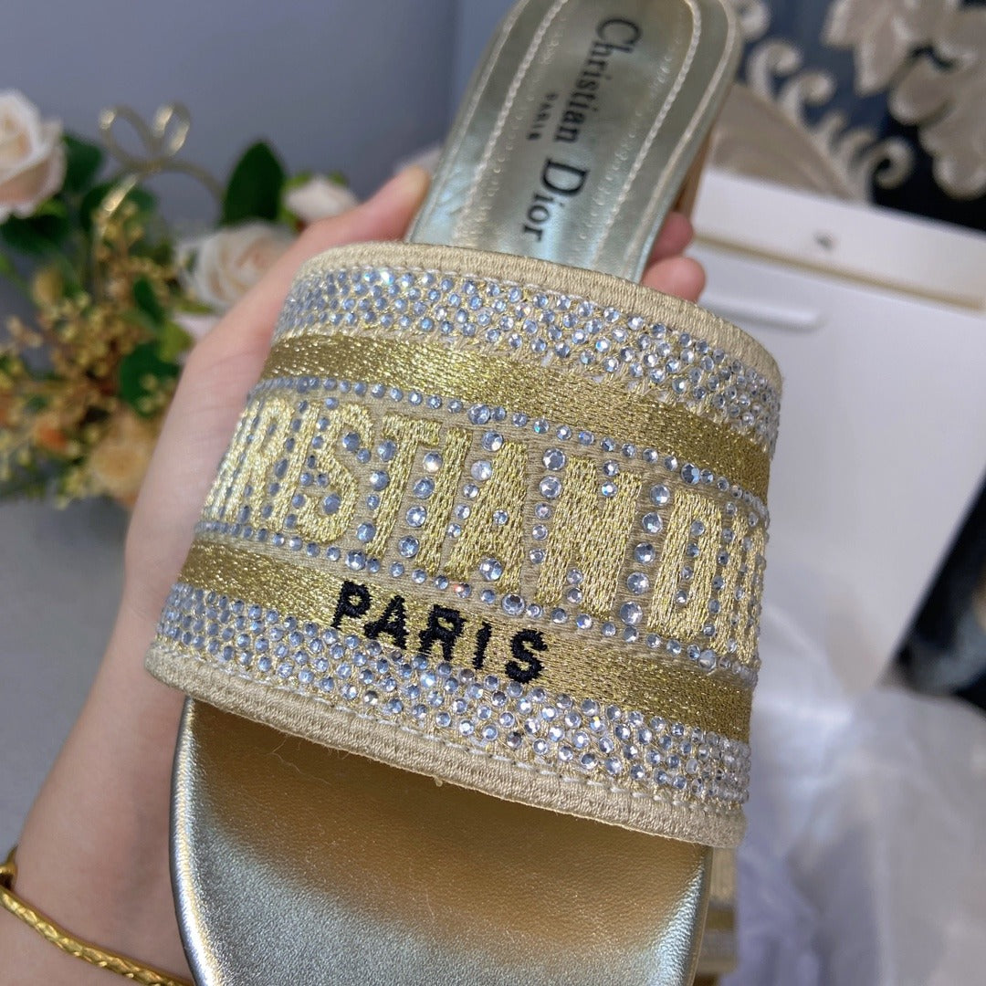 Dior Cotton & Lambskin Leather Crystal Slides