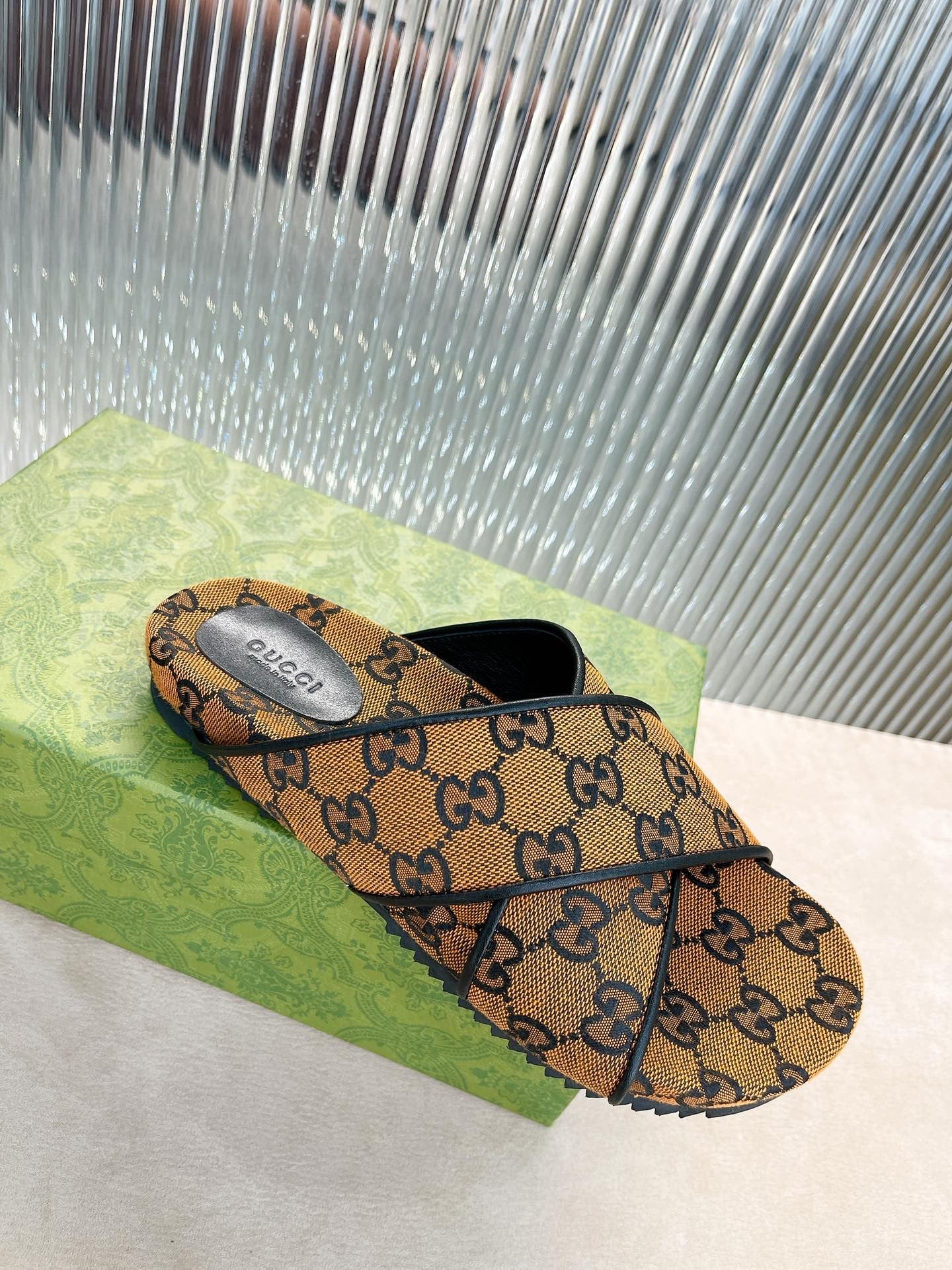 Gucci Green Canvas & Leather Double G Slides