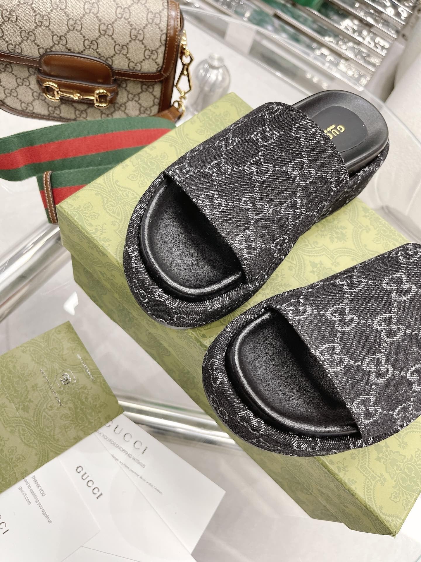 Gucci Green Canvas & Leather Double G Slides