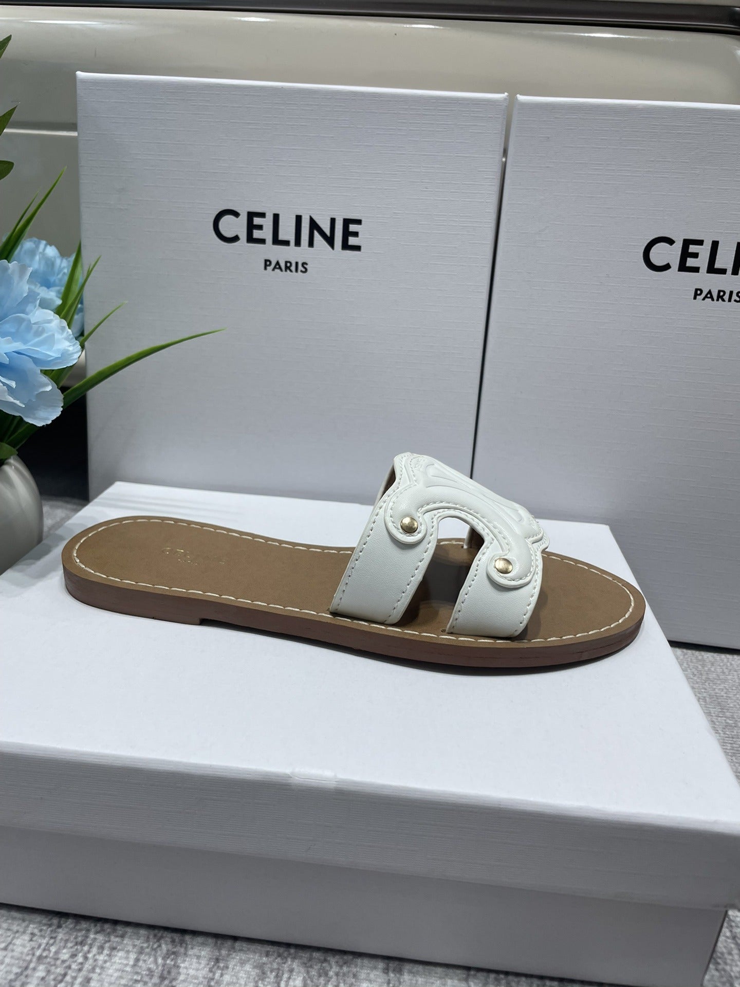Celine Denim & Leather Tassel Slides