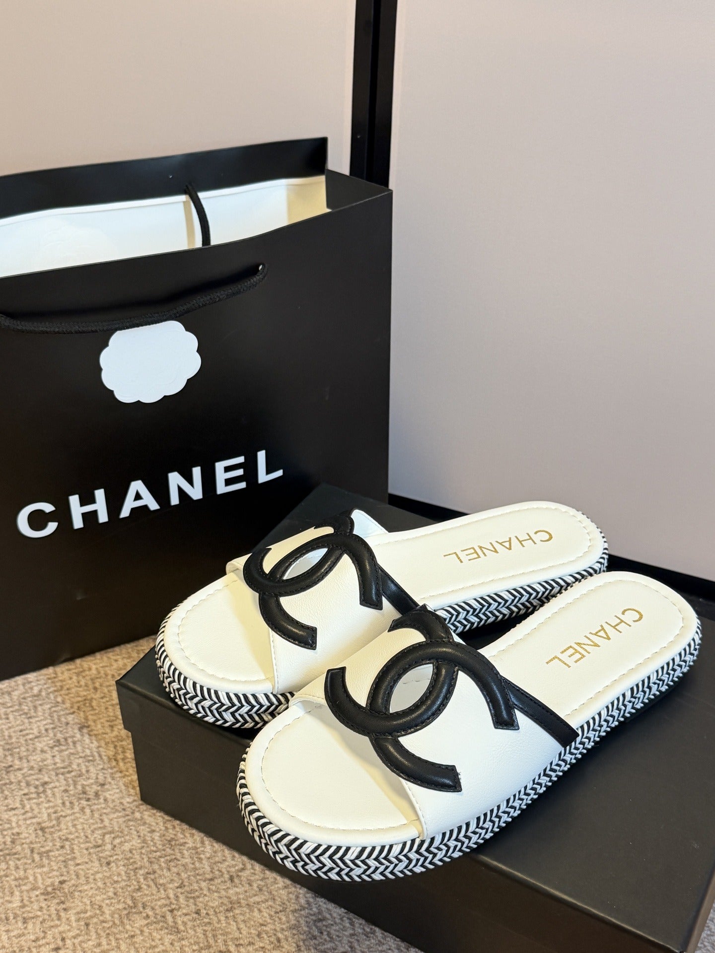 Chanel Lambskin Leather Logo Slides
